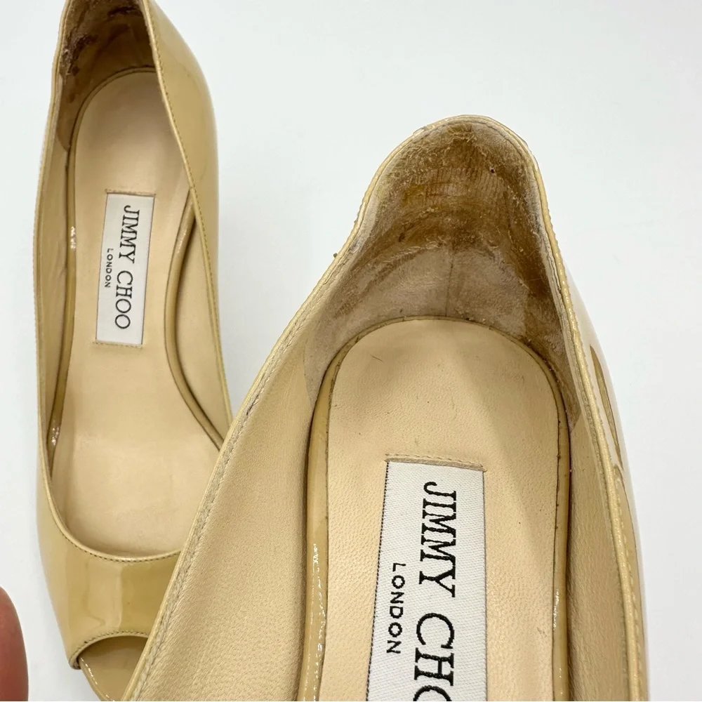 Jimmy Choo peep toe pumps tan patent leather medium heel - Picture 14 of 15